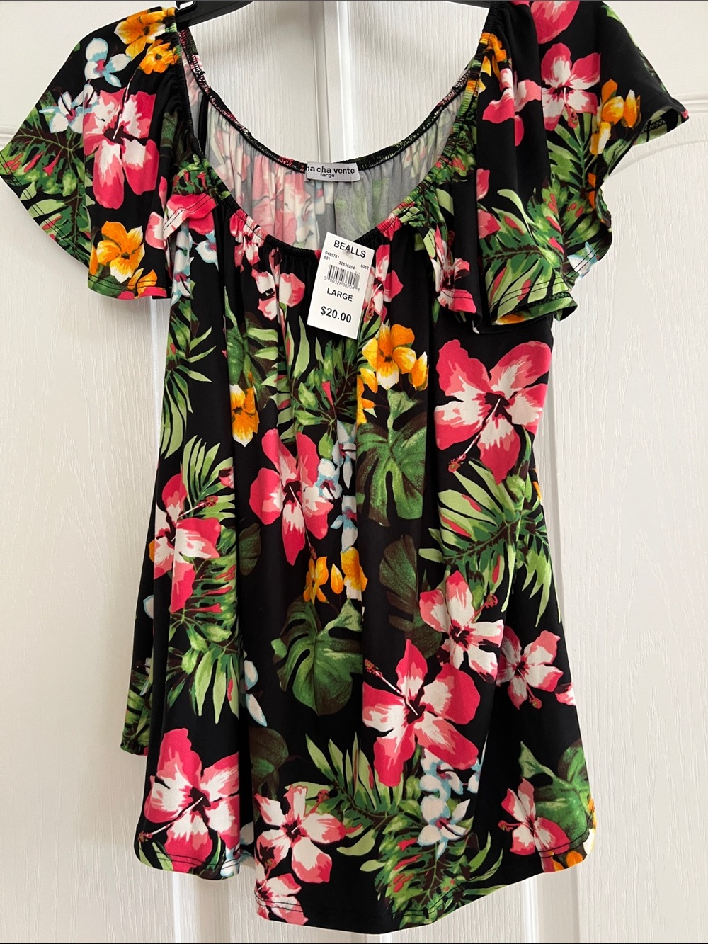Floral On or Off-Shoulder Women's Top in Black with Pink & Green Floral Print